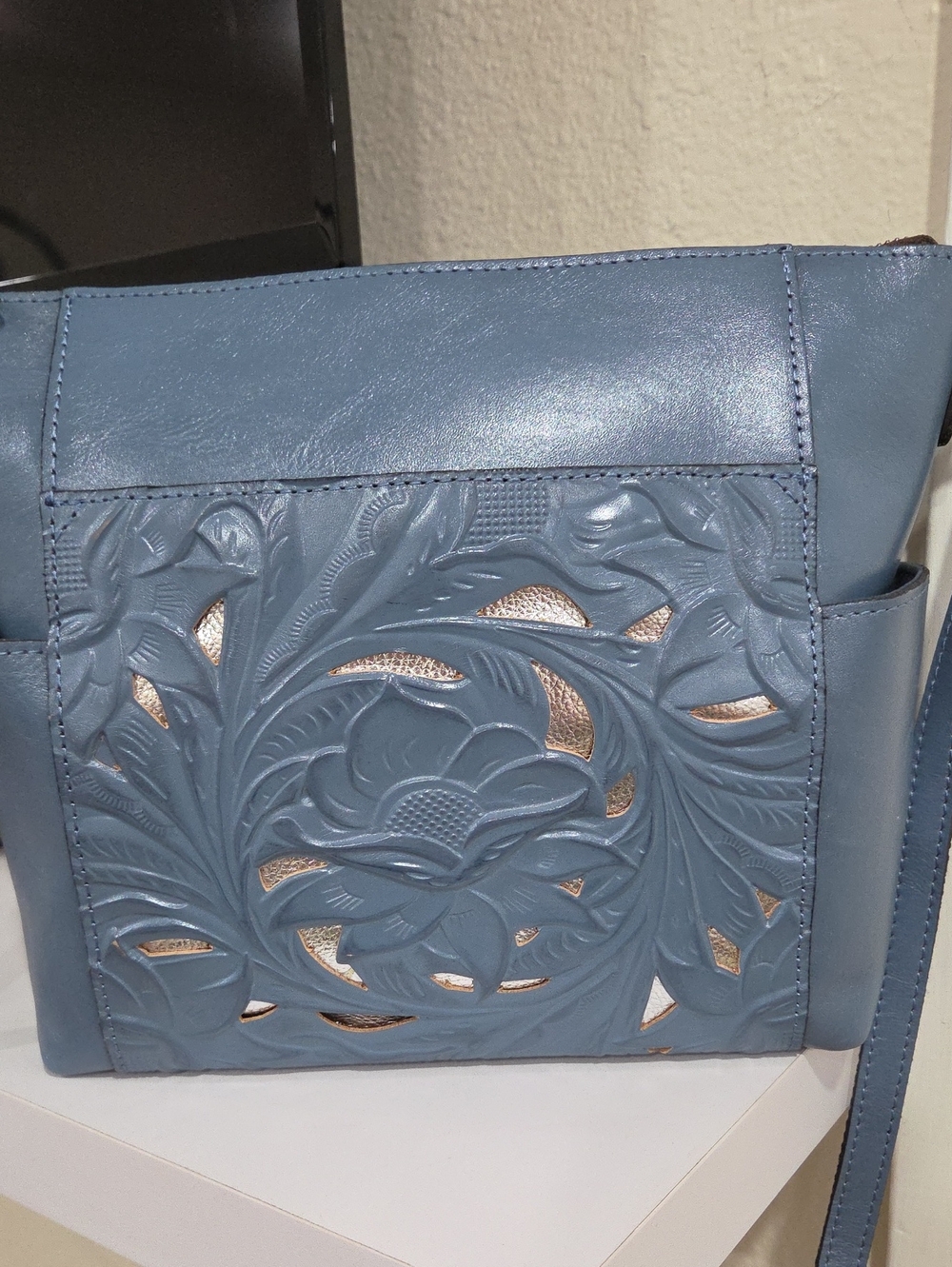 Patricia Nash Safflower Blue Floral Cutout Leather Crossbody Bag